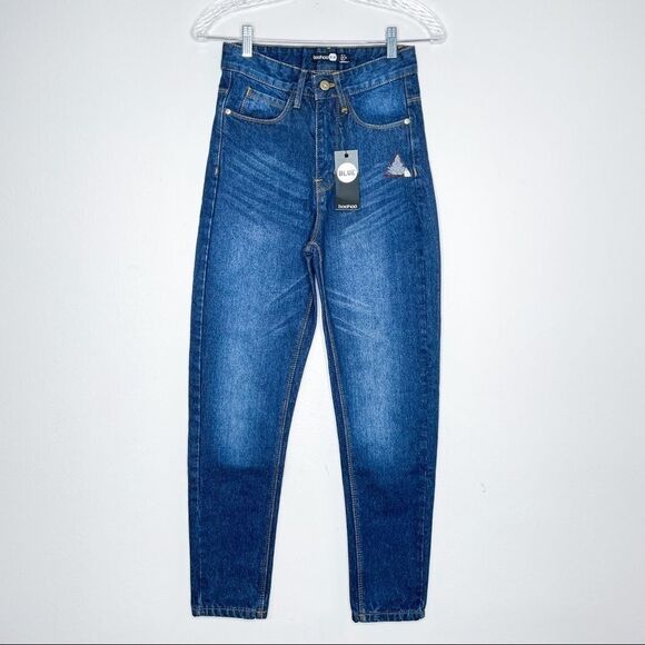 Boohoo blue high rise boyfriend mom jeans dark wash size‎ 2 NEW NWT - Picture 1 of 10